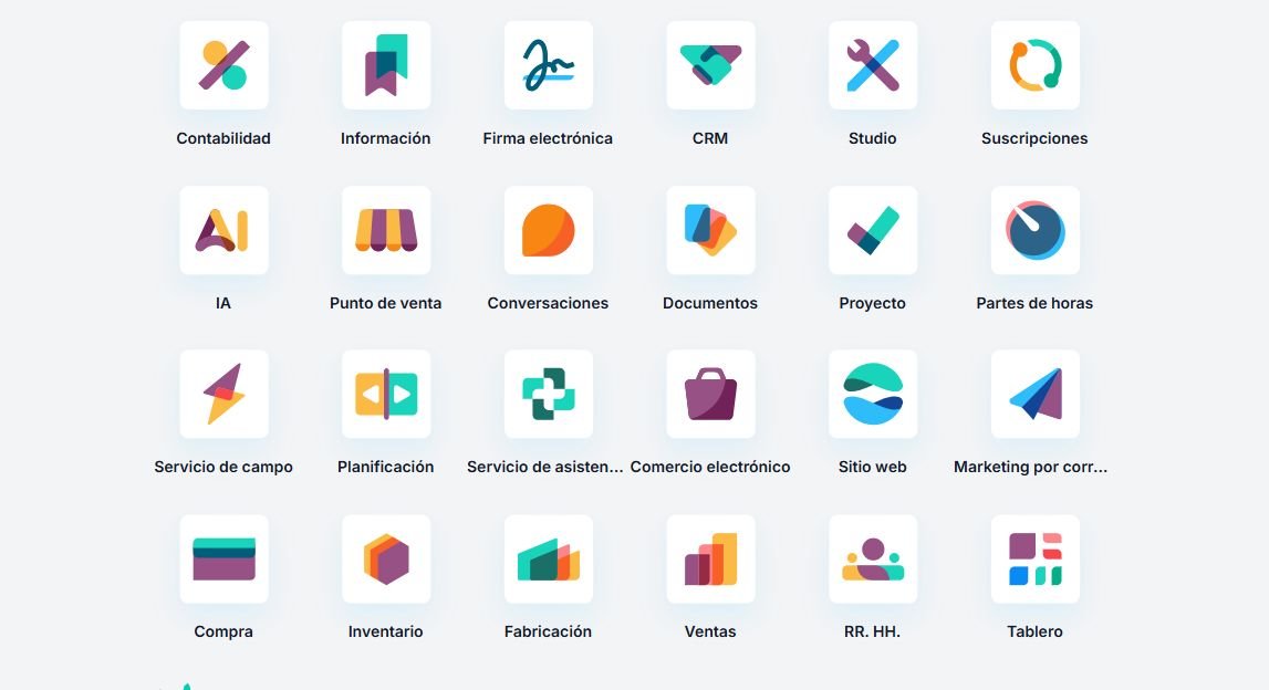 Aplicaciones de Odoo para contabilidad, ventas, compras, inventario, fabricación y otras áreas