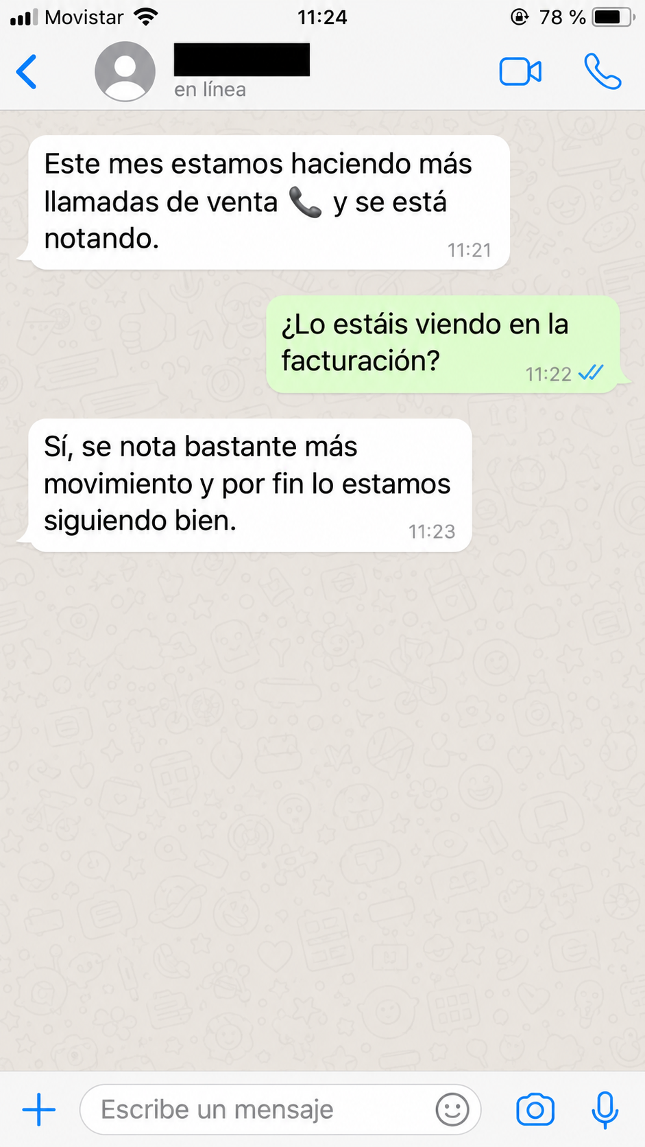 Conversación anonimizada sobre más llamadas de venta y mejora en facturación